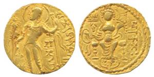 Guptas, Samudragupta, Gold Dinar, 7.50g, Standard type, with dagger or katar on waist, obv