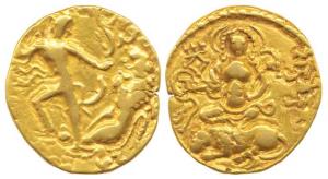 Guptas, Chandragupta II, (c. AD 380-413), Gold Dinar, 7.54g, Lion-Slayer type, obv. king s