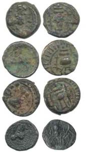 Vishnukundin Dynasty (c. 450-615 AD), Copper base alloy Unit (4), obv. lion to right with 
