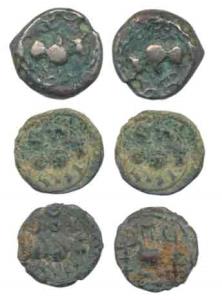 Vishnukundin type, Vidarbha Region, Copper base alloy Unit (3), a bull to right with Brahm