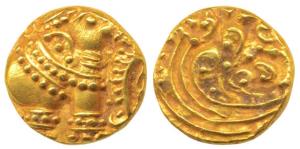 Western Gangas, Gold Gajapati Pagoda, 3.84g, obv. caparisoned elephant to right chewing su