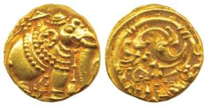 Western Gangas, Gold Gajapati Pagoda, 3.75g, obv. caparisoned elephant to right chewing su