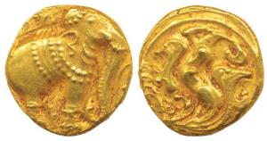 Western Gangas, Gold Gajapati Pagoda, 3.90g, obv. caparisoned elephant to right chewing su