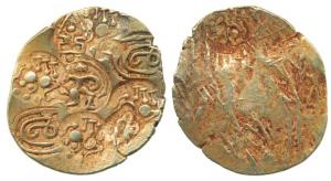 Feudatories of Chalukyas of Kalyani, Gold Pagoda, 3.46g, Punch-marked type, obv. Hanuman r