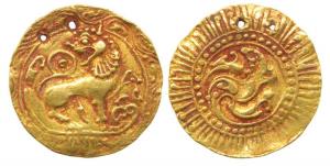 Kadambas of Hangal, Toyimadeva (1048-1075 AD), Gold Pagoda, 4.22g, lion advancing right wi