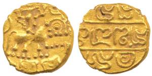 Hoyasalas of Dorasamudra, Vishnuvardhan (1106-1153 AD), Gold Pagoda, 4.08g, Durga seated o