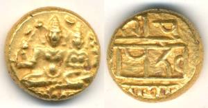 Vijayanagar, Deva Raya I, Gold Pagoda, 3.36g, Shiva-Parvati seated, with Shiva holding an 