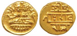 Vijayanagar, Deva Raya II (1424-1446 AD), Gold ½ Pagoda, 1.68g, Shiva-Parvati seated on ob