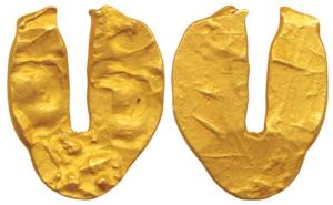 Shilaharas of Kolhapur, Gold U-Shaped Fanam, 0.54g, three punches, two with Kannada Shri a