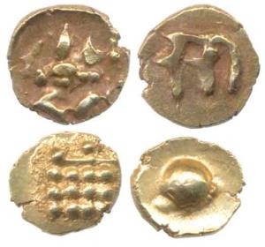 Keladi Nayakas of Ikkeri, Gold Fanam, 0.37g, Shiva-Parvati on obv. and Sa in Nagari on rev