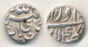 Akbar, Silver ¼ Rupee, 2.81g, Lahore Mint, Ilahi type, Month Azar, Year 47 (KM 58.2). Abou