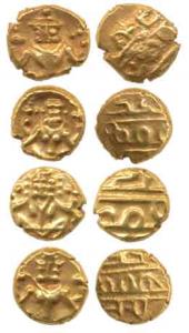 Krishna Raja Wodeyar, Gold Fanam (4), obv. Seated Narasimha; rev. Kanarese legend, Kauthir