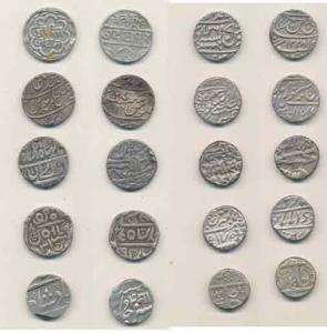 Silver Rupee (10), Awadh, Banaras Mint, AH1228/26; Baroda, Malhar Rao, RY 4; Bharatpur, Ma