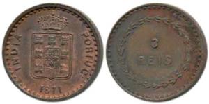 Goa, Colonial Issue, Copper 3 Reis, 1871, (KM 302). About Uncirculated, Scarce.