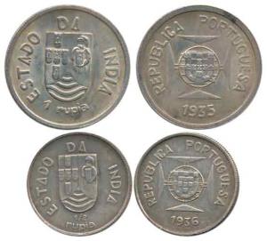 Goa, Colonial Issue, Silver Rupia and ½ Rupia, 1935 and 1936 (KM 23 and 22). Extremely Fin