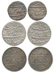 Silver Rupee (3), Mumbai Mint, in the name of Muhammad Shah, RY 3; Surat Mint, in the name