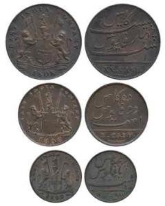 Copper 20, 10 and 5 Cash, coat of arms of the EIC and date 1808 and 1803 on obv., value in