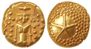 Star Gold Pagoda, 3.4g, single Swami (Balaji-Tirupati) standing facing front on obv.; star