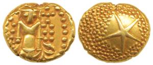 Star Gold Pagoda, 3.34, single Swami (Balaji-Tirupati) standing facing front on obv.; star