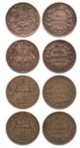 East India Company, ¼ Anna, 1835 (2), 1857 and 1858 (Prid 142, 148, 151 and 156. Fine to V