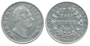 William IV, Silver ½ Rupee, 1835, F incuse, 20 Berries. Very Fine, Rare.