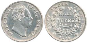 William IV, Silver ½ Rupee, 1835, F raised, 19 Berries. Extremely Fine, Very Rare.