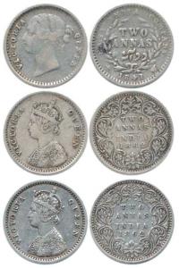 Victoria Queen, Silver 2 Annas, 1841, divided legend, WW raised, 9 Berries; 1862, Bombay M