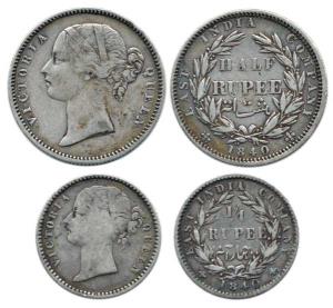 Victoria Queen, Silver ½ and ¼ Rupee, 1840, divided legend, WW incuse, 24 Berries, WW rais