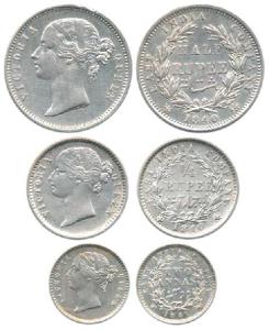 Victoria Queen, Silver Set of Rupee, 1/2, 1/4, and 2 Annas, 1840, divided legend, WW raise