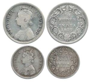Victoria Queen and Empress, Silver ¼ Rupee, 2 Annas, 1862, Bombay Mint, A / I and 1877, A 