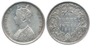 Victoria Queen, Silver ½ Rupee, 1862, B1 / II obverse has broken letters. Extremely Fine.