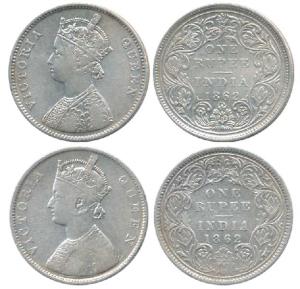 Victoria Queen, Silver Rupee, 1862, A / II / 0 / 10; B / I / 0 / 4. Fine+ to Very Fine, Sc