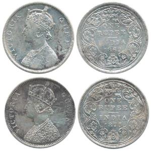 Victoria Queen, Silver Rupee, 1862, A / II /0 /4; 1875, Bombay Mint, A2 / II / dot; George