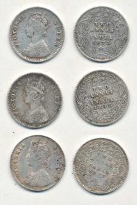 Victoria Queen and Empress, Silver 2 Annas, 1875, Calcutta Mint, A / I / No mint mark (2);