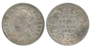 Victoria Queen, Silver 2 Annas, 1880, Calcutta Mint, B / II / C incuse. Very Fine+, with t