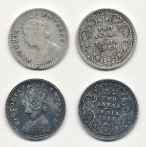 Victoria Empress, Silver 2 Annas, Calcutta Mint, 1881, B / II / C incuse; 1888, B / II / N