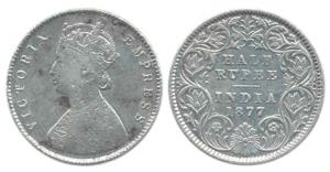 Victoria Empress, Silver ½ Rupee, 1877, Calcutta Mint, A / I / No mint mark. Fine+, Very R