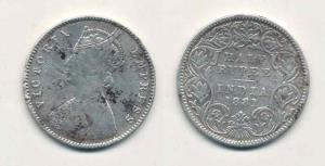 Victoria Empress, Silver ½ Rupee, 1881, Calcutta Mint, A / I / C incuse. Fine, Very Rare.