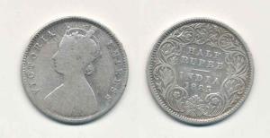 Victoria Empress, Silver ½ Rupee, 1885, Calcutta Mint, A / I / C incuse. Fine.