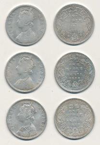 Victoria Queen and Empress, Silver Rupee, 1874, 1886 and 1888, Bombay Mint, A2 / II No Min