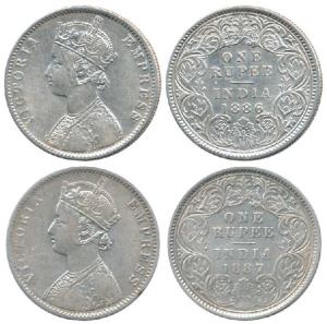 Victoria Empress, Silver Rupee, 1886, C4 / I / C incuse and 1887, Calcutta Mint, C3 / I / 