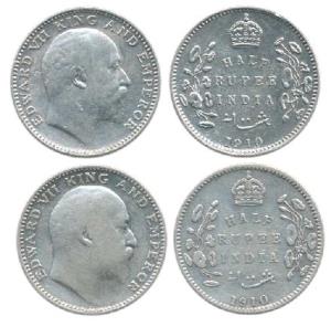 Edward VII, Silver ½ Rupee, 1910, Bombay Mint, B incuse and dot. Fine+ to Very Fine, Scarc
