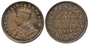 George V, Copper ¼ Anna, 1916, Calcutta Mint. Very Fine+, Rare.