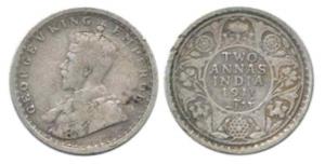 George V, Silver 2 Annas, 1911, Calcutta Mint. Very Fine, Rare.