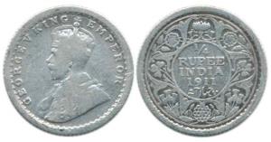 George V, Silver ¼ Rupee, 1911, Calcutta Mint. Fine+, Rare.