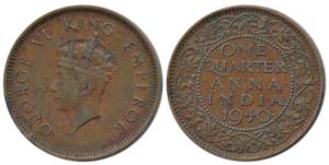 George VI, Copper ¼ Anna, 1940, Bombay Mint, Young Head. Very Fine, Rare.