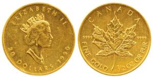 Canada, Gold $20, ½ oz, 15.55g, Maple leaf on rev., 1990. Uncirculated.
