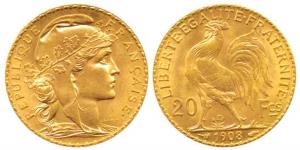 France, Gold 20 Francs, 1908, 6.45g, .9 purity, Rooster on rev. Uncirculated.