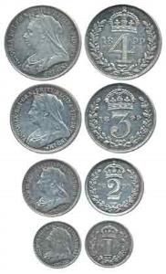 Great Britain, Victoria, Set of Maundy Money, Silver 4, 3, 2 and 1 Shilling, Veiled head b