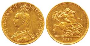Great Britain, Victoria, Gold 5 Pounds, 39.72g, Jubilee head, St. George slaying a dragon 